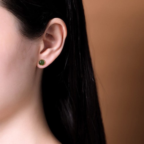 925 Sterling Silver Gold-Plated Hetian Cyan Jade Luck Stud Earrings 925 Sterling Silver Gold-Plated Hetian Cyan Jade Luck Stud Earrings