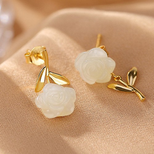 925 Sterling Silver Plated Gold Jade Rose Flower Cyan Jade Pearl Earrings 925 Sterling Silver Plated Gold Jade Rose Flower Cyan Jade Pearl Earrings