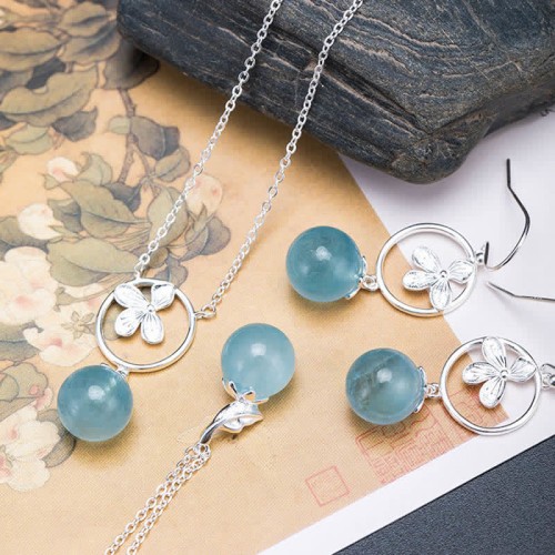 925 Sterling Silver Aquamarine Leaf Flower Peace Earrings Set 925 Sterling Silver Aquamarine Leaf Flower Peace Earrings Set