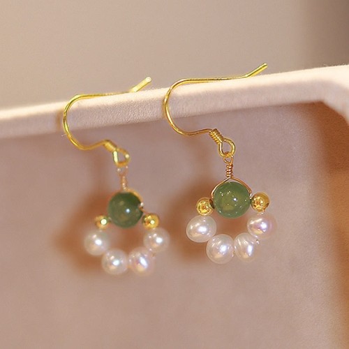 Cyan Jade Pearl Bead Luck Drop Earrings Cyan Jade Pearl Bead Luck Drop Earrings