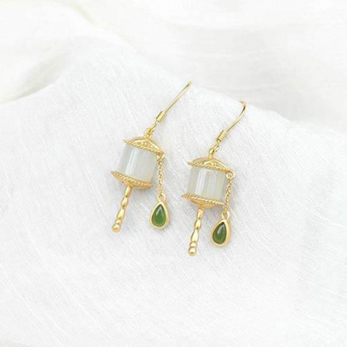 925 Sterling Silver Jade Prayer Wheel Luck Drop Earrings 925 Sterling Silver Jade Prayer Wheel Luck Drop Earrings