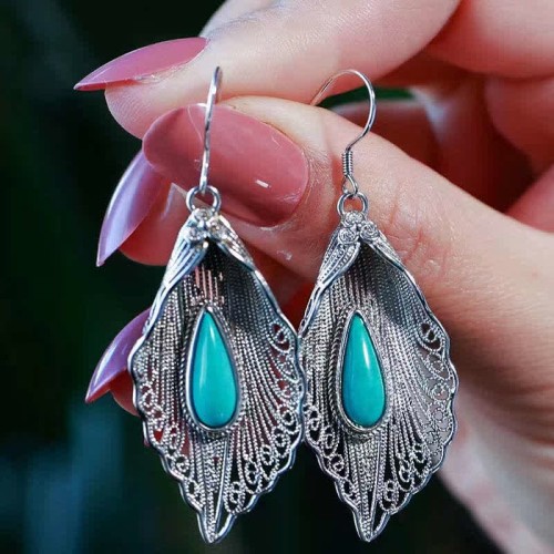 925 Sterling Silver Turquoise Bodhi Leaf Protection Drop Earrings 925 Sterling Silver Turquoise Bodhi Leaf Protection Drop Earrings