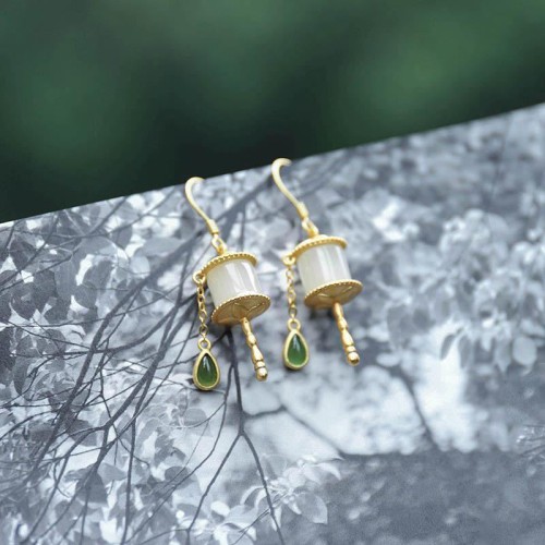 925 Sterling Silver Jade Prayer Wheel Luck Drop Earrings 925 Sterling Silver Jade Prayer Wheel Luck Drop Earrings