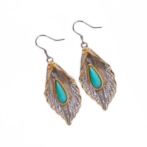 925 Sterling Silver Turquoise Bodhi Leaf Protection Drop Earrings 925 Sterling Silver Turquoise Bodhi Leaf Protection Drop Earrings