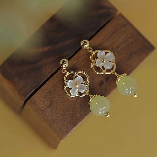 Tridacna Stone Flower Jade Bead Blessing Earrings