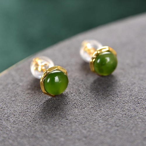 925 Sterling Silver Gold-Plated Hetian Cyan Jade Luck Stud Earrings 925 Sterling Silver Gold-Plated Hetian Cyan Jade Luck Stud Earrings