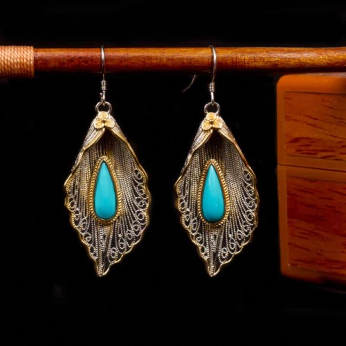 925 Sterling Silver Turquoise Bodhi Leaf Protection Drop Earrings 925 Sterling Silver Turquoise Bodhi Leaf Protection Drop Earrings