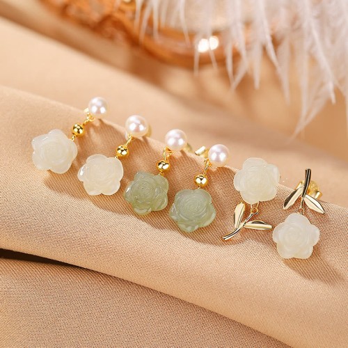 925 Sterling Silver Plated Gold Jade Rose Flower Cyan Jade Pearl Earrings 925 Sterling Silver Plated Gold Jade Rose Flower Cyan Jade Pearl Earrings