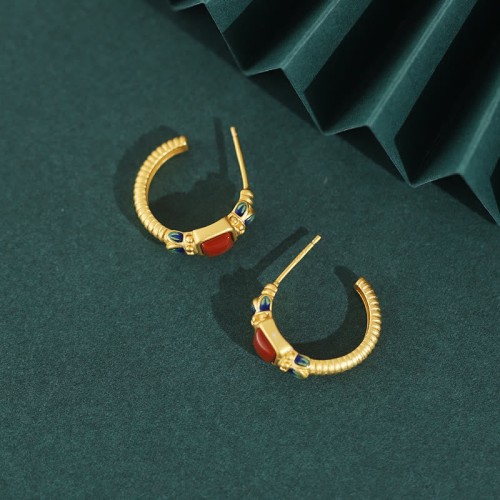 925 Sterling Silver Red Agate Lotus Confidence Stud Earrings