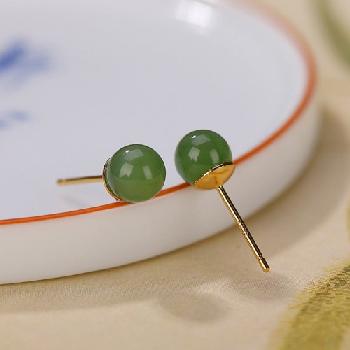 925 Silver Round Cyan Jade Healing Stud Earrings