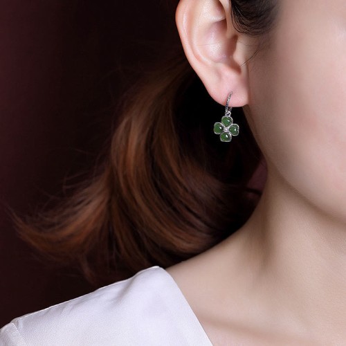 925 Sterling Silver Cyan Jade Four Leaf Clover Luck Earrings 925 Sterling Silver Cyan Jade Four Leaf Clover Luck Earrings