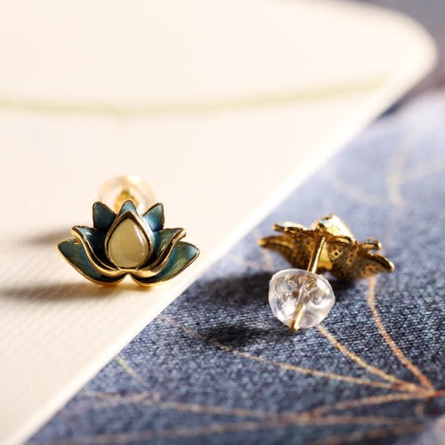 925 Sterling Silver Hetian Cyan Jade Lotus Flower Earrings 925 Sterling Silver Hetian Cyan Jade Lotus Flower Earrings