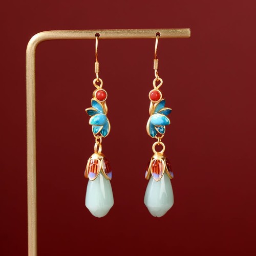Magnolia Flower Jade Luck Prosperity Drop Earrings Magnolia Flower Jade Luck Prosperity Drop Earrings