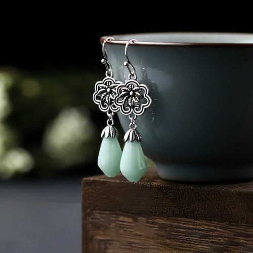 Magnolia Flower Jade Water Drop Prosperity Earrings Magnolia Flower Jade Water Drop Prosperity Earrings
