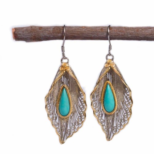 925 Sterling Silver Turquoise Bodhi Leaf Protection Drop Earrings 925 Sterling Silver Turquoise Bodhi Leaf Protection Drop Earrings