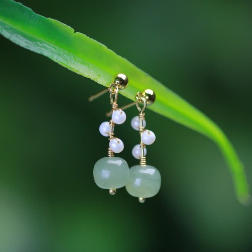 Hetian Jade Flower 14K Gold-Plated Luck Drop Earrings
