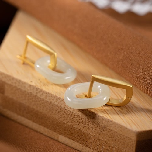 925 Silver Round White Jade Happiness Earrings