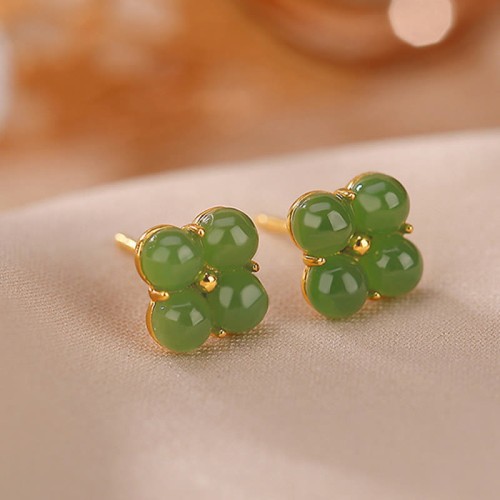 925 Sterling Silver Gold-Plated Cyan Jade Four Leaf Clover Luck Earrings