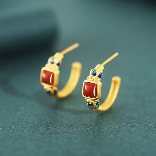 925 Sterling Silver Red Agate Lotus Confidence Stud Earrings