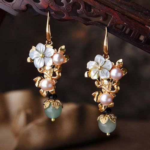 14K Gold-Plated Tridacna Stone Flower Pearl Aventurine Earrings 14K Gold-Plated Tridacna Stone Flower Pearl Aventurine Earrings