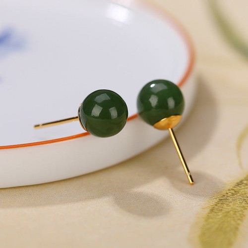 925 Silver Round Cyan Jade Healing Stud Earrings