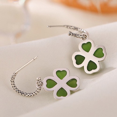 925 Sterling Silver Cyan Jade Four Leaf Clover Luck Earrings 925 Sterling Silver Cyan Jade Four Leaf Clover Luck Earrings