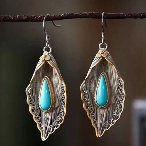 925 Sterling Silver Turquoise Bodhi Leaf Protection Drop Earrings 925 Sterling Silver Turquoise Bodhi Leaf Protection Drop Earrings