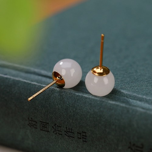 925 Sterling Silver Round White Jade Blessing Stud Earrings 925 Sterling Silver Round White Jade Blessing Stud Earrings