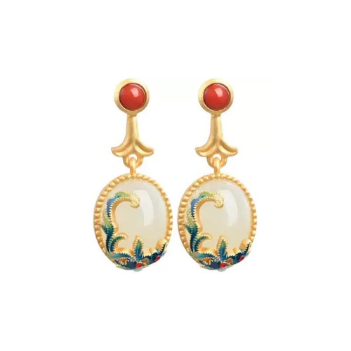 Vintage Jade Red Agate Abundance Copper Earrings Vintage Jade Red Agate Abundance Copper Earrings