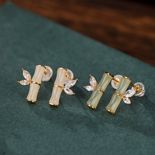 925 Sterling Silver Hetian Cyan Jade Bamboo Luck Stud Earrings 925 Sterling Silver Hetian Cyan Jade Bamboo Luck Stud Earrings