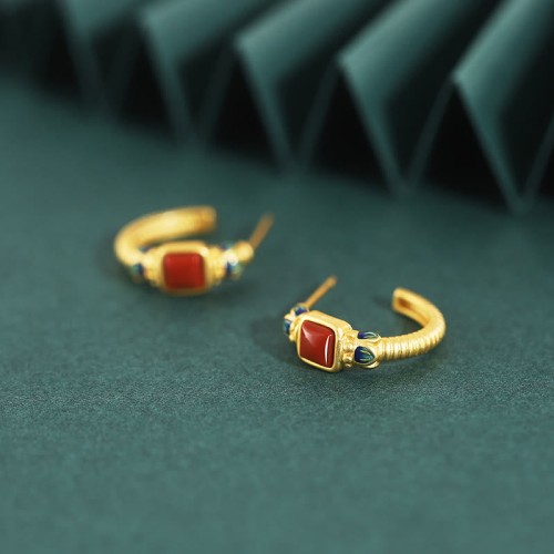 925 Sterling Silver Red Agate Lotus Confidence Stud Earrings