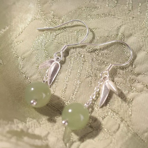 999 Sterling Silver Hetian Jade Bamboo Leaf Luck Earrings 999 Sterling Silver Hetian Jade Bamboo Leaf Luck Earrings