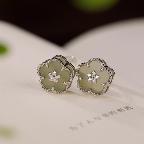 925 Sterling Silver Hetian Jade Plum Flower Luck Stud Earrings 925 Sterling Silver Hetian Jade Plum Flower Luck Stud Earrings