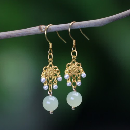 Hetian Jade Flower 14K Gold-Plated Luck Drop Earrings