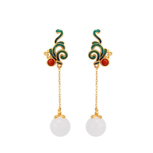 Vintage White Jade Red Agate Blessing Drop Earrings