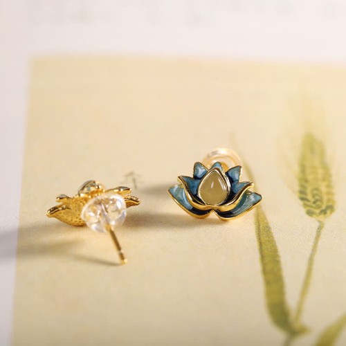 925 Sterling Silver Hetian Cyan Jade Lotus Flower Earrings 925 Sterling Silver Hetian Cyan Jade Lotus Flower Earrings