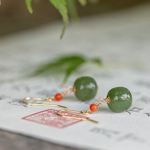 925 Sterling Silver 14K Gold-Plated Hetian Jade Red Agate Luck Earrings 925 Sterling Silver 14K Gold-Plated Hetian Jade Red Agate Luck Earrings