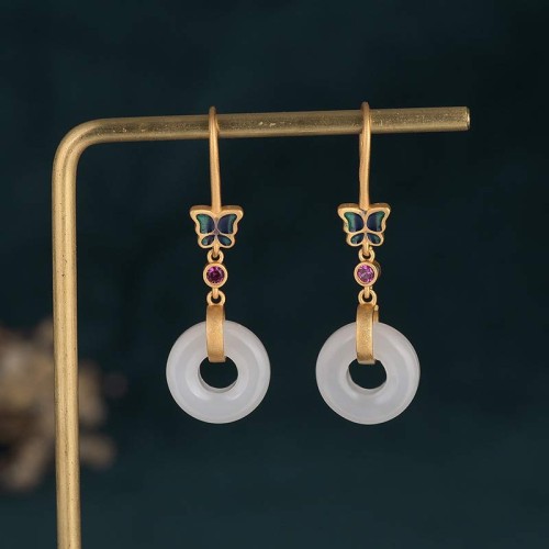 Feng Shui White Jade Butterfly Fortune Earrings