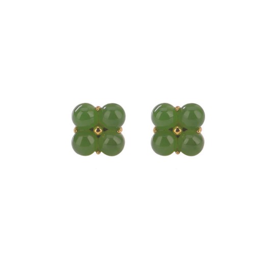 925 Sterling Silver Gold-Plated Cyan Jade Four Leaf Clover Luck Earrings