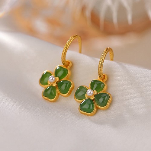 925 Sterling Silver Cyan Jade Four Leaf Clover Luck Earrings 925 Sterling Silver Cyan Jade Four Leaf Clover Luck Earrings