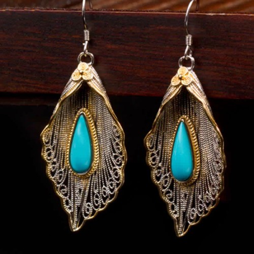 925 Sterling Silver Turquoise Bodhi Leaf Protection Drop Earrings 925 Sterling Silver Turquoise Bodhi Leaf Protection Drop Earrings