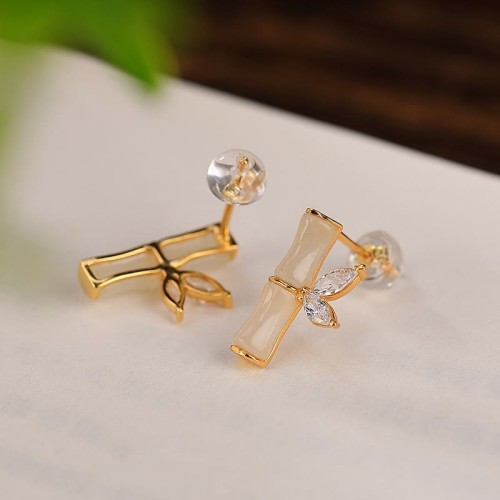 925 Sterling Silver Hetian Cyan Jade Bamboo Luck Stud Earrings 925 Sterling Silver Hetian Cyan Jade Bamboo Luck Stud Earrings