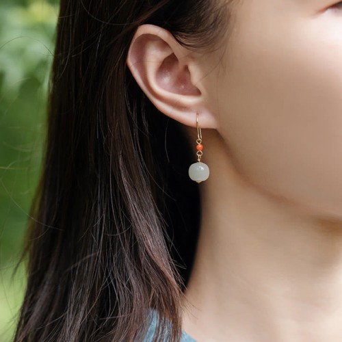 925 Sterling Silver 14K Gold-Plated Hetian Jade Red Agate Luck Earrings 925 Sterling Silver 14K Gold-Plated Hetian Jade Red Agate Luck Earrings