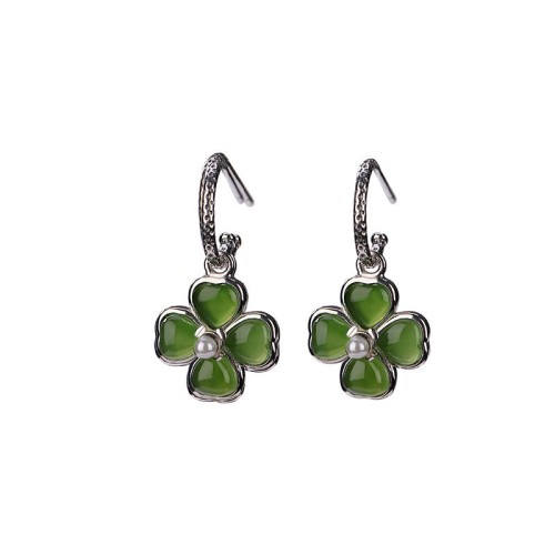 925 Sterling Silver Cyan Jade Four Leaf Clover Luck Earrings 925 Sterling Silver Cyan Jade Four Leaf Clover Luck Earrings