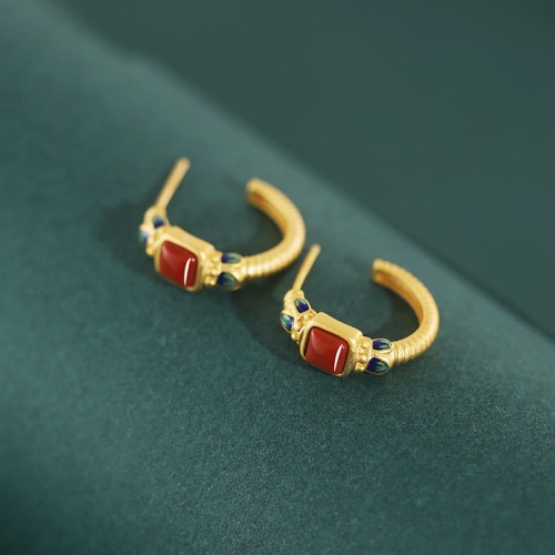 925 Sterling Silver Red Agate Lotus Confidence Stud Earrings