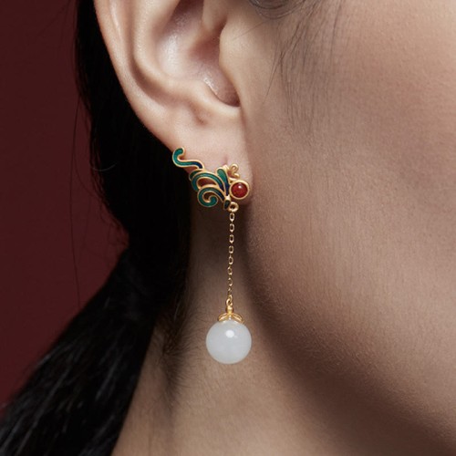 Vintage White Jade Red Agate Blessing Drop Earrings