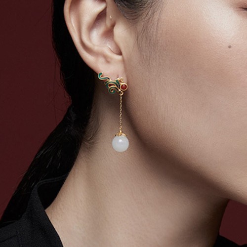 Vintage White Jade Red Agate Blessing Drop Earrings