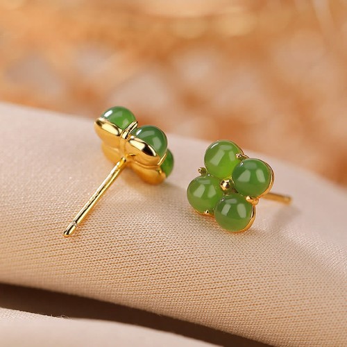 925 Sterling Silver Gold-Plated Cyan Jade Four Leaf Clover Luck Earrings