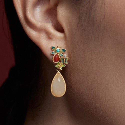 White Jade Red Agate Butterfly Protection Drop Earrings White Jade Red Agate Butterfly Protection Drop Earrings