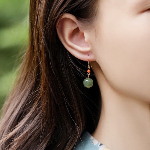 925 Sterling Silver 14K Gold-Plated Hetian Jade Red Agate Luck Earrings 925 Sterling Silver 14K Gold-Plated Hetian Jade Red Agate Luck Earrings